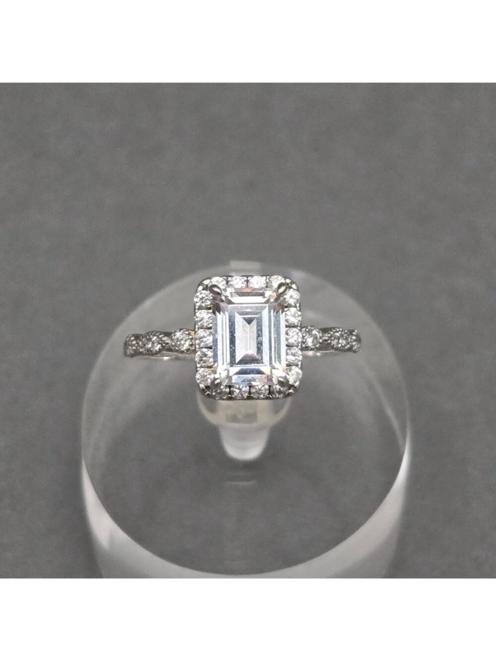 Emerald Cut Halo CZ Statement Ring Sterling Silver Prong Set Size 7.5 Cocktail - Picture 14 of 14
